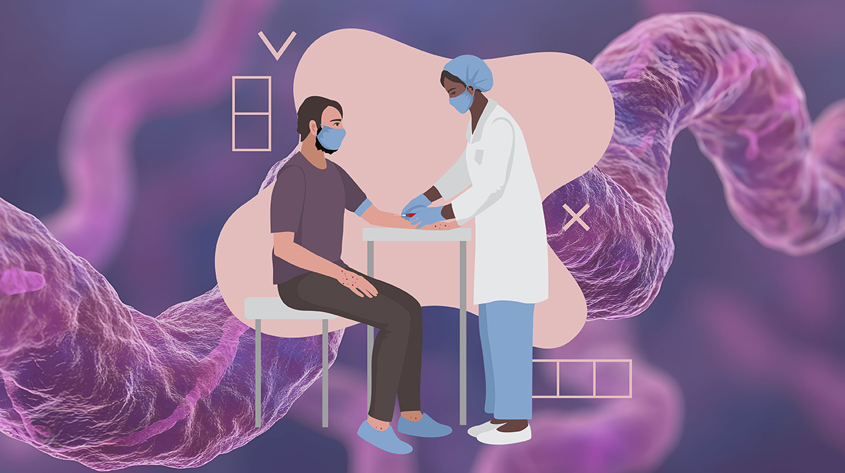 Illustration of a woman in a medical white coat giving a man an injection in his arm.