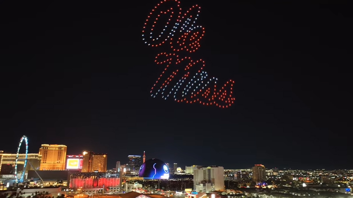Lighted drones spell out 'Ole Miss' in the night sky above Las Vegas.