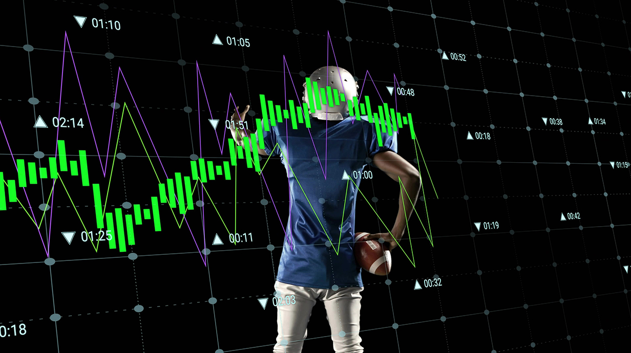 Graphic of a football player surrounded by electronic data and graphs.