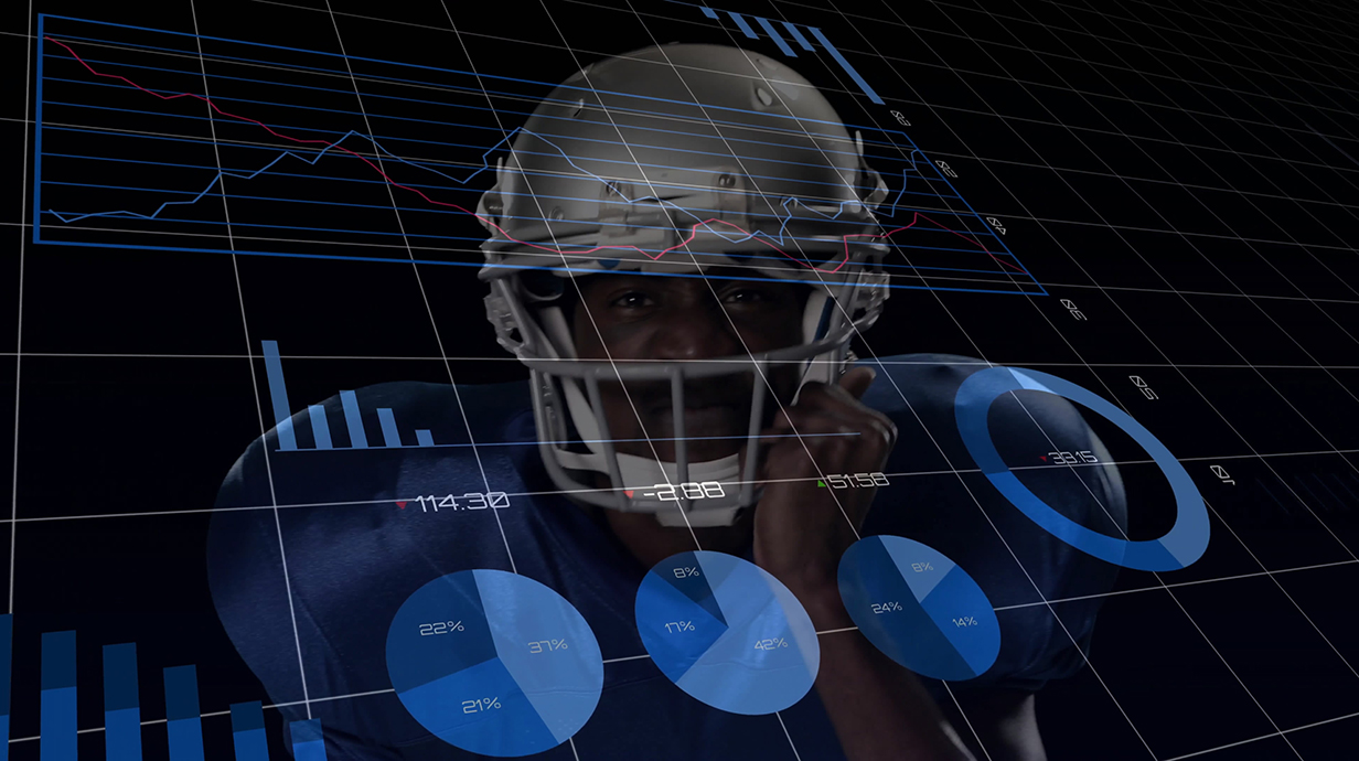 Graphic of a football helmet surrounded by electronic graphs and charts.