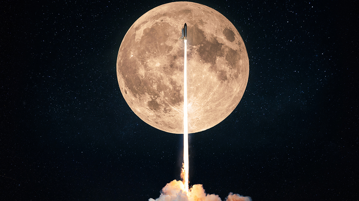 Photo illustration of a spaceship launch against a giant full moon.