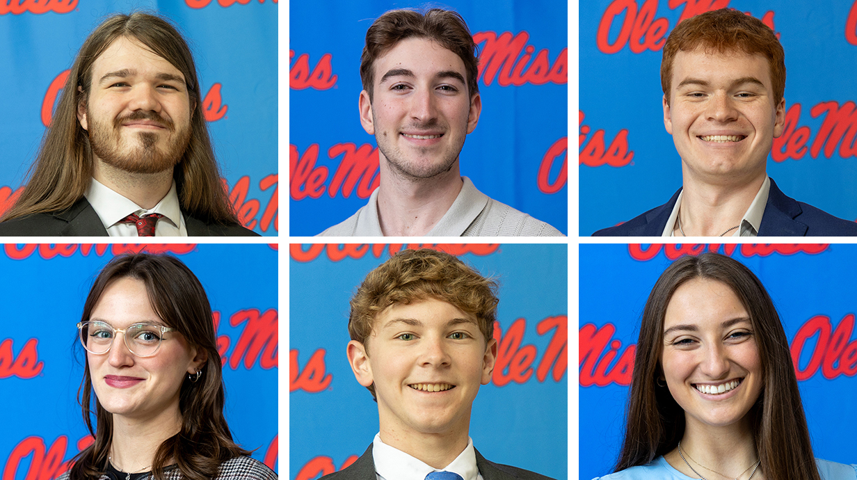 Collage of head shots of four young men and two young women, all dressed in business attire.