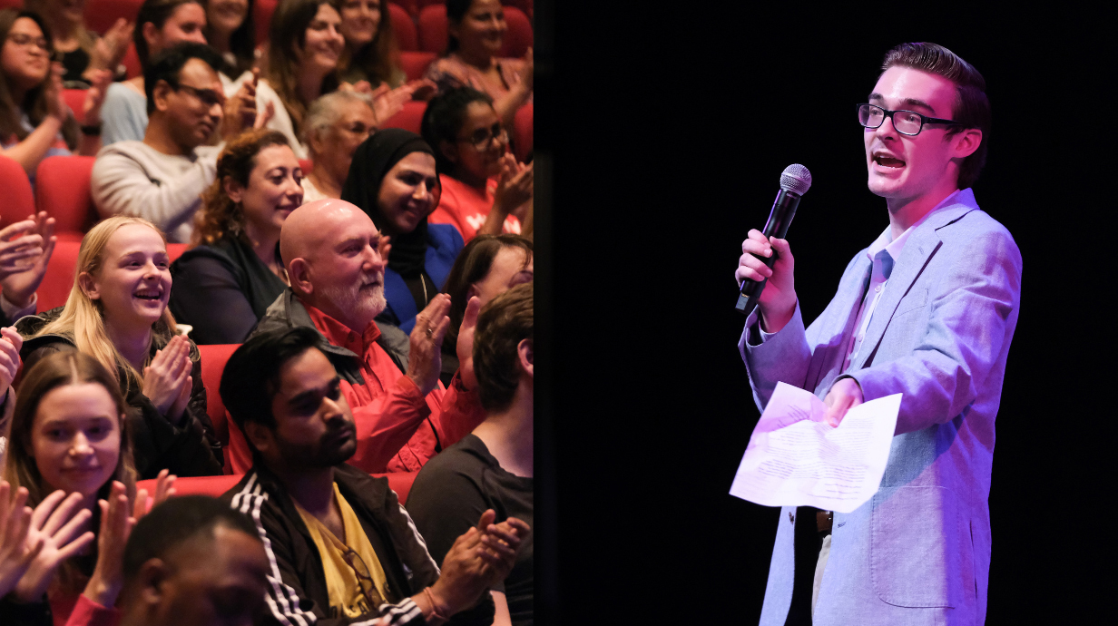 Photo collage showing a crowd of people seated in an auditorium on the left and a man speaking into a microphone on the right.