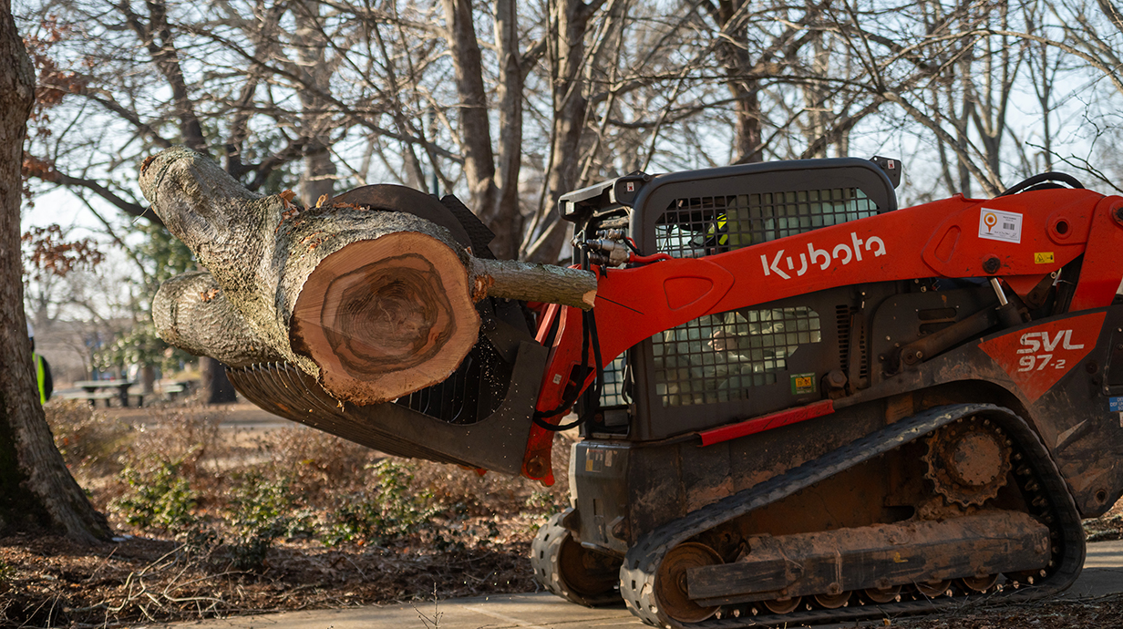 A tractor with a large claw carries a cut tree trunk through a wooded park.