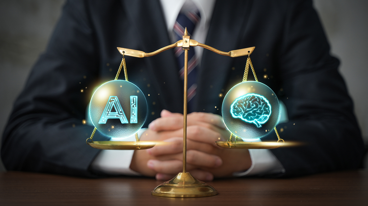 Illuminated bubbles showing the letters 'AI' and a human brain sit in opposing sides of a scale.