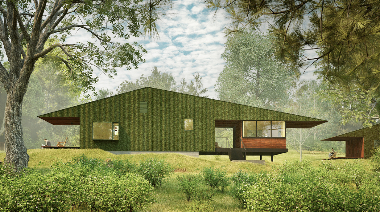 Illustration of a modern cabin in a clearing.