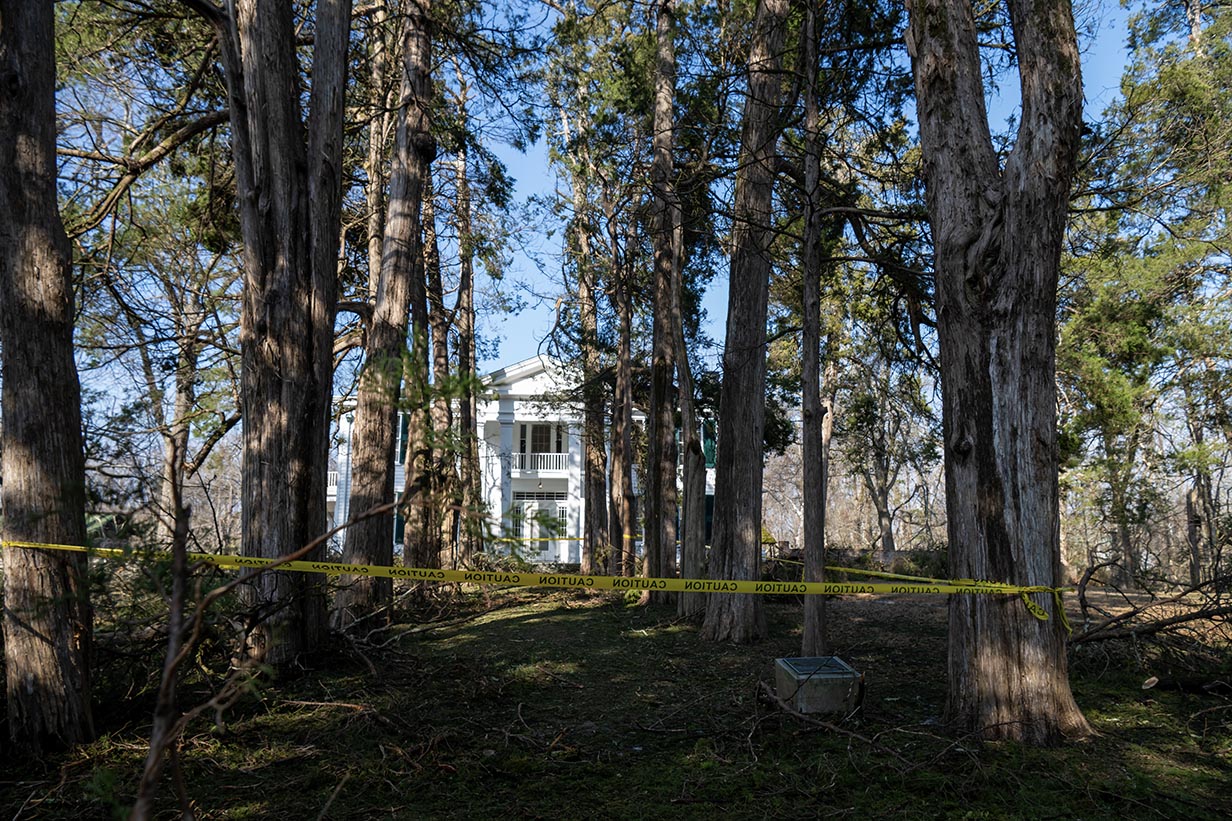 Bright yellow caution tape stretched across the frame in front of several damaged cedar trees at the historic William Faulkner estate.