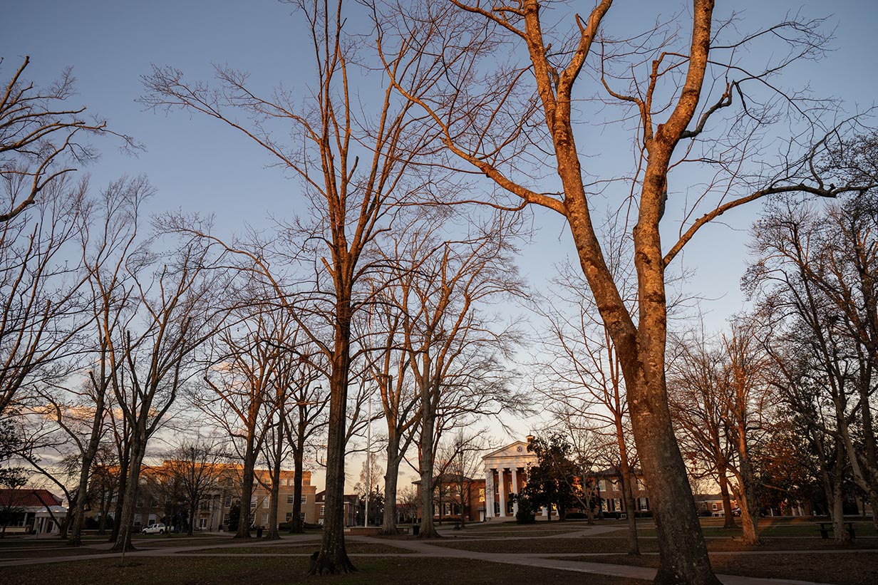 A scenic view of the white-columned Lyceum building at dawn, bathed in soft golden light with the surrounding trees casting long shadows across the grass.