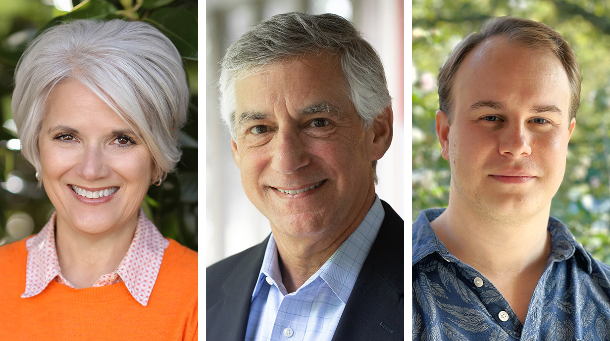 A collage of headshots of two men and a woman.
