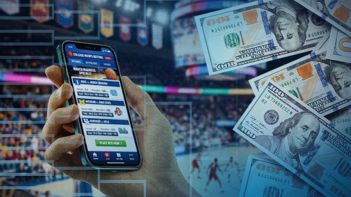 Photo illustration of $100 bills swirling around a cellphone displaying a sports gambling site.