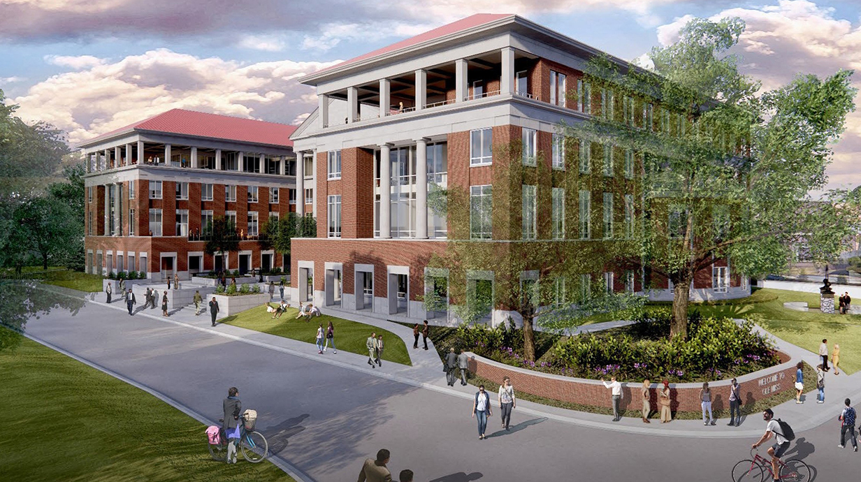 Architectural rendering of a large brick building with white columns on a tree-lined street.