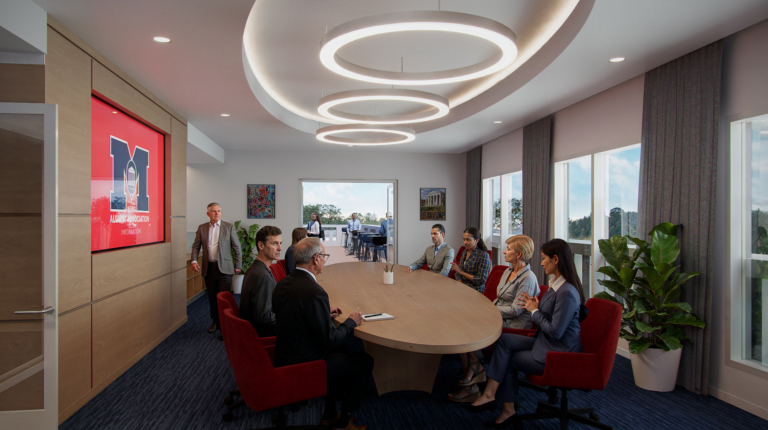 A rendering showing a group of men and women sitting around a conference table in a meeting room.