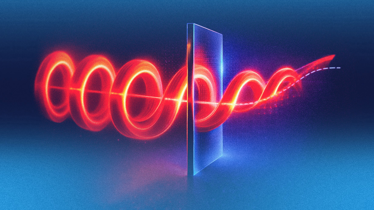Colorful illustration depicting a spiral sound beam moving through a solid barrier.