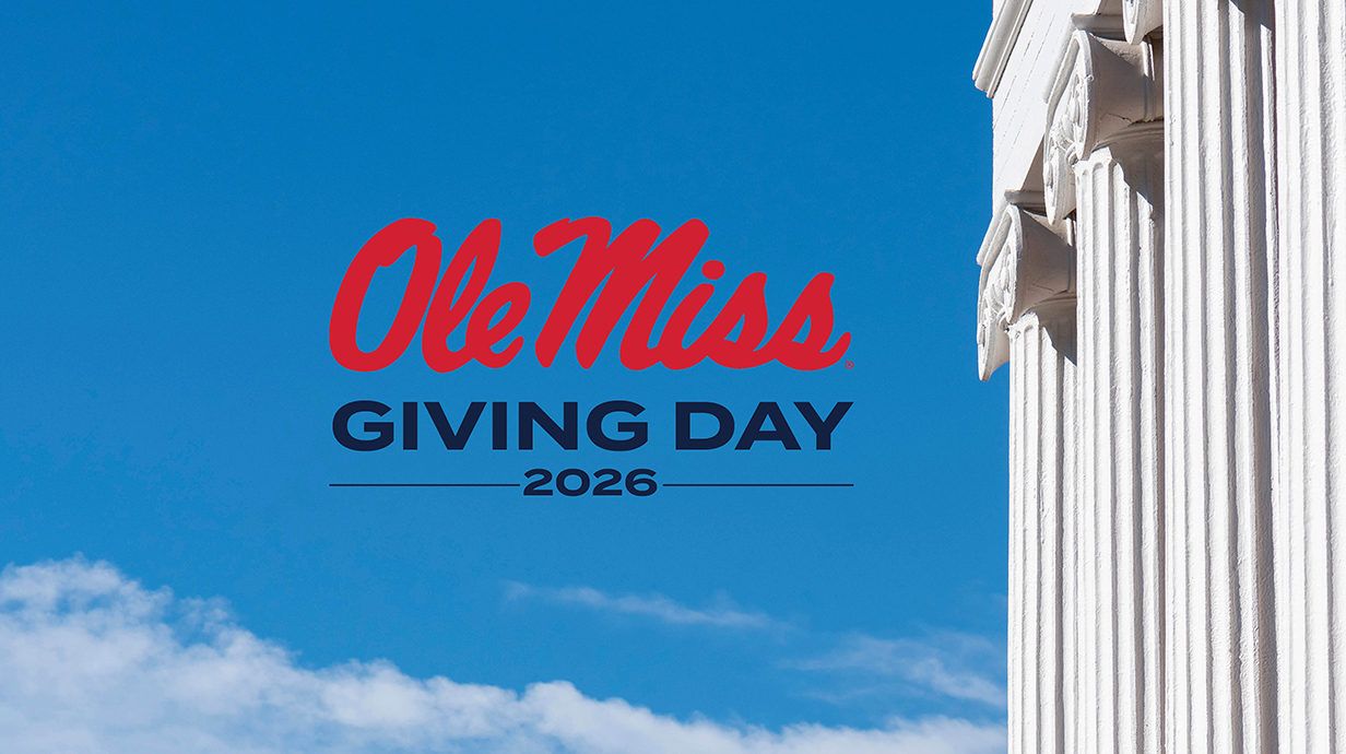 Giving Day logo superimposed on a photograph of a columned building facade on a clear, sunny day.