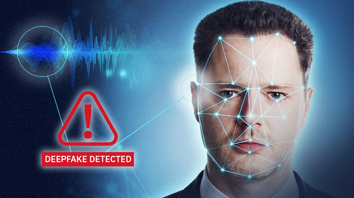 Photo illustration of computer software examining a photo of a man's face and flagging it as a possible deepfake.
