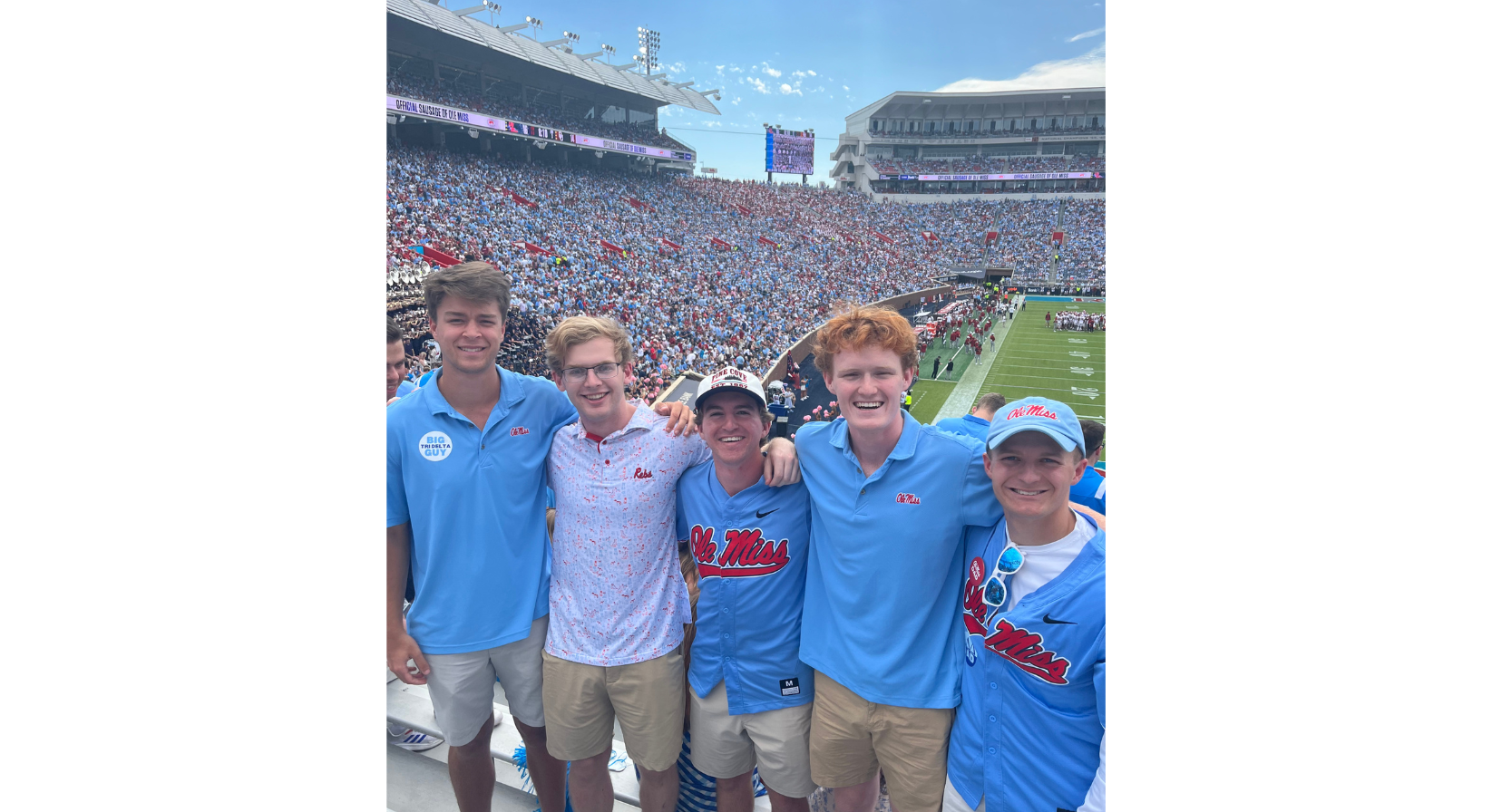 Image of  Nate Paul, Luke Whaley, JD Brown, Jeffrey Jordan, and Jack Harvey at an Ole Miss football game.