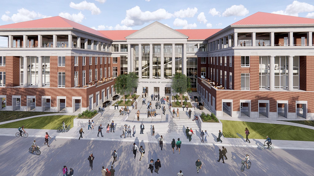 Architectural drawing of a large, three-story brick building with white columns.