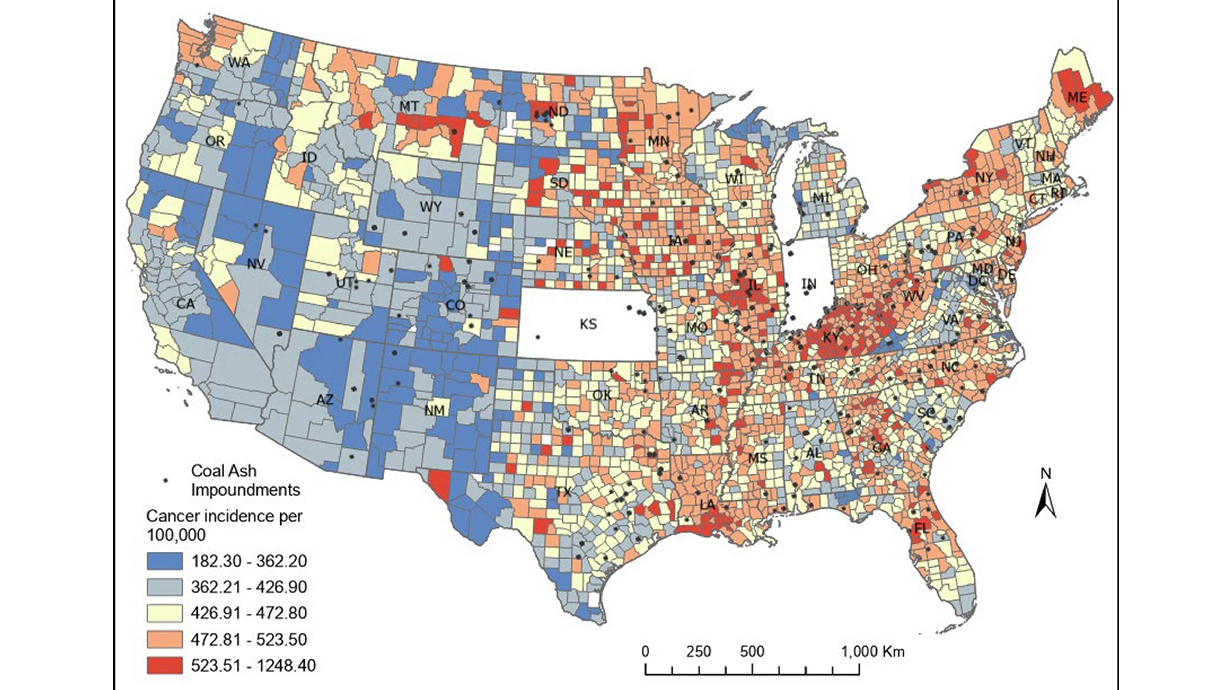 A map of the United States uses colors to track incidences of cancer by county across the country.