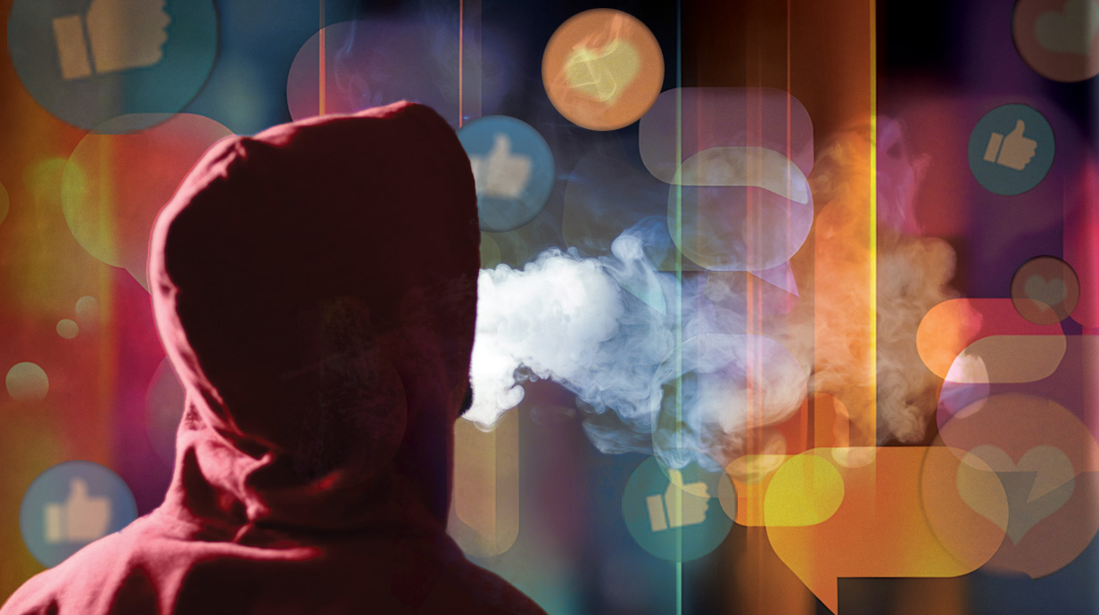 Colorful of a young person wearing a hooded sweatshirt with smoke swirling around them.