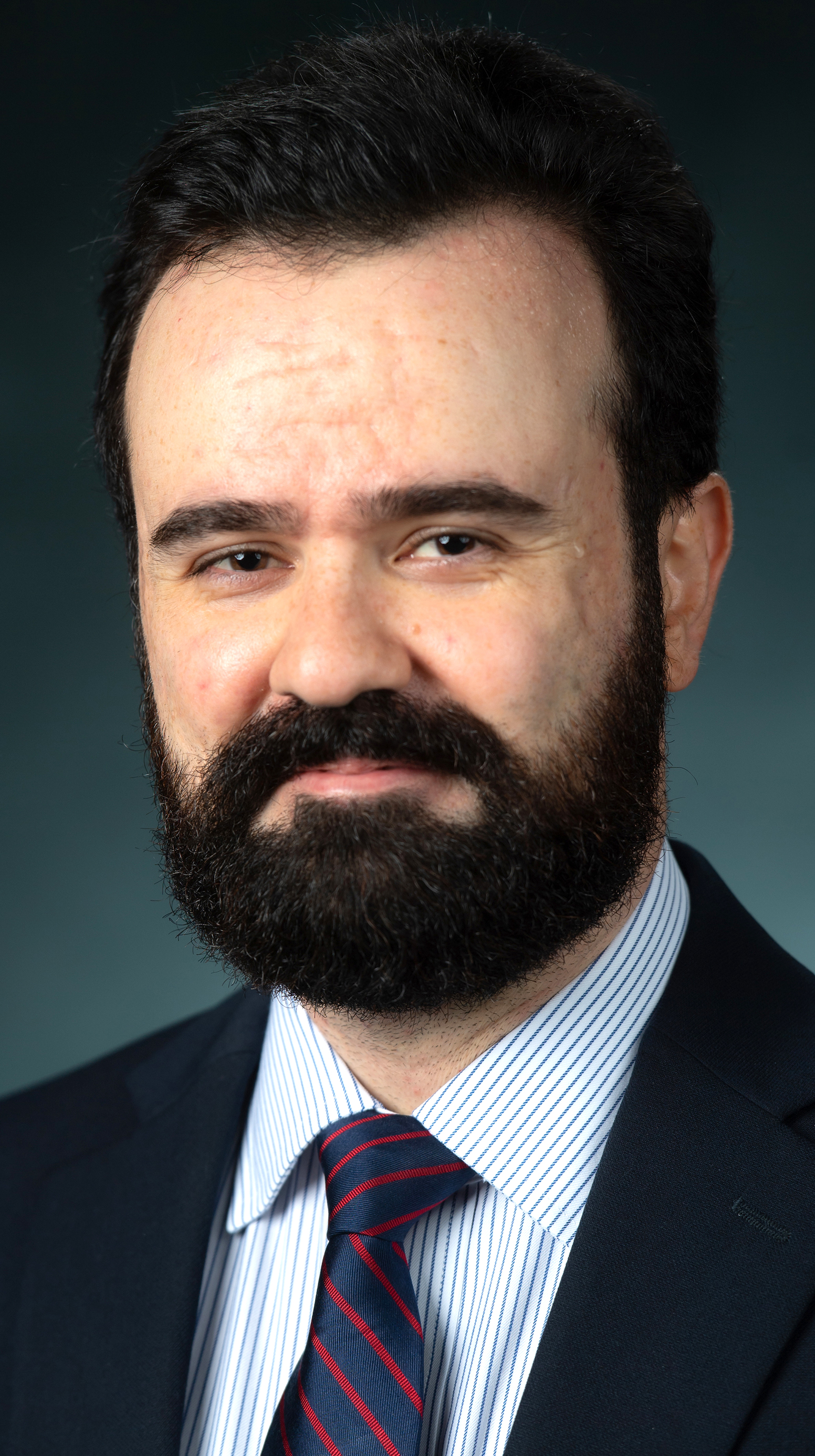 Headshot of a bearded man wearing a dark suit.