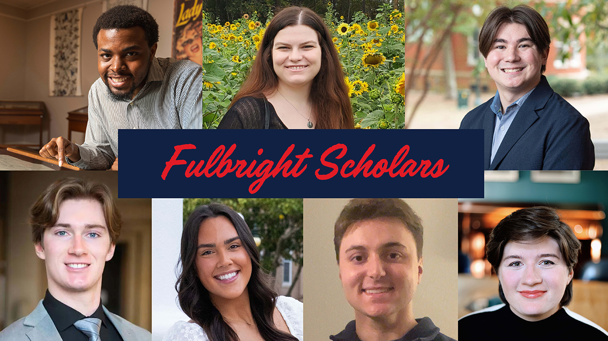 A collage of headshots of four young men and three young women, with type in the middle that reads 'Fulbright Scholars.'