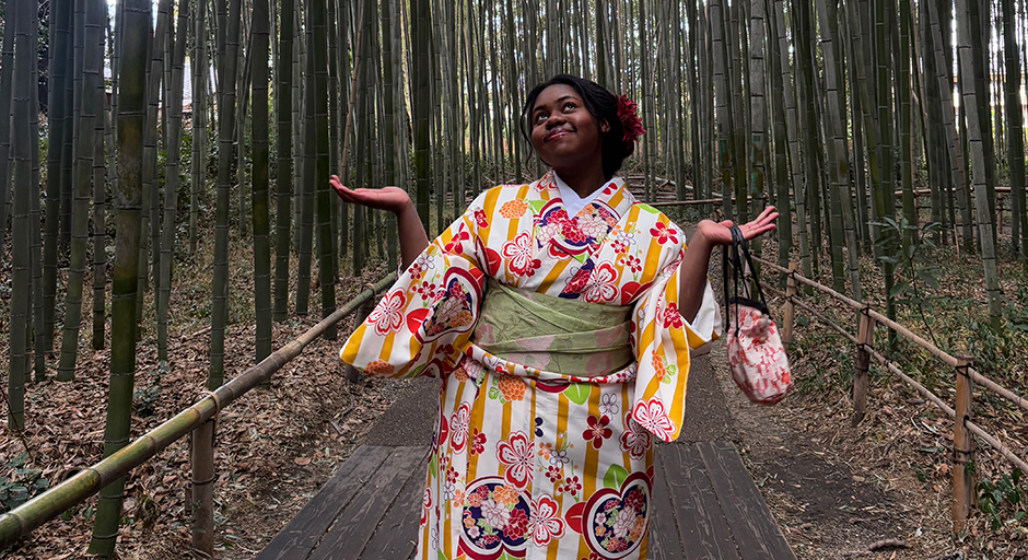 Dymond Mitchell learns about Japanese culture and feels honored to wear a kimono during a visit to a bamboo forest in Kyoto.