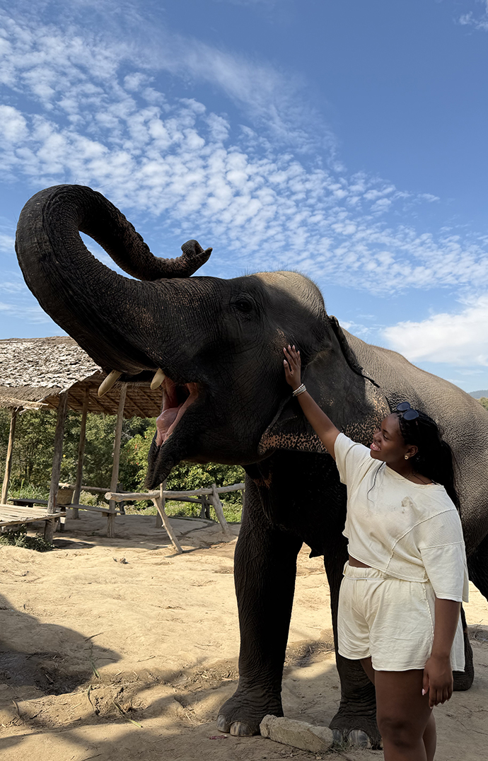 Dymond Mitchell interacts with an elephant in Thailand.