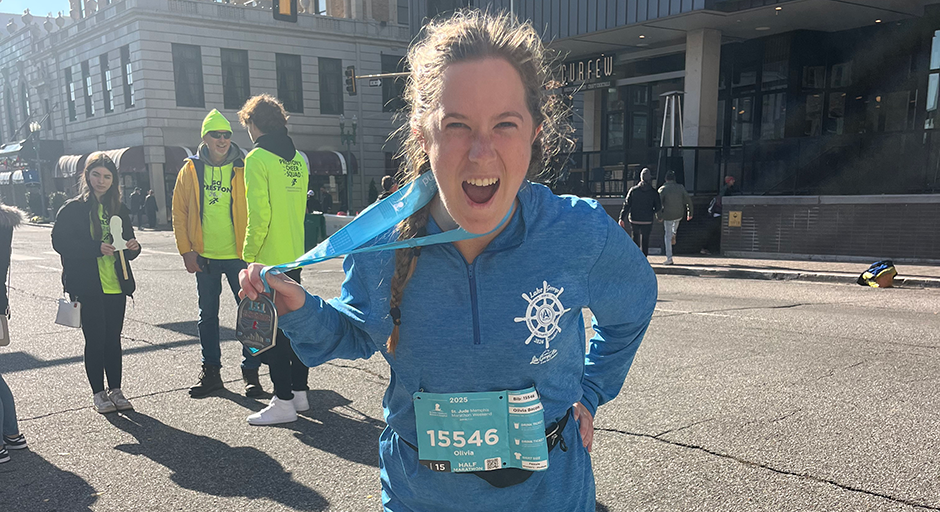 Bacon catches her breath after running the St. Jude Children’s Research Hospital half-marathon in December. 