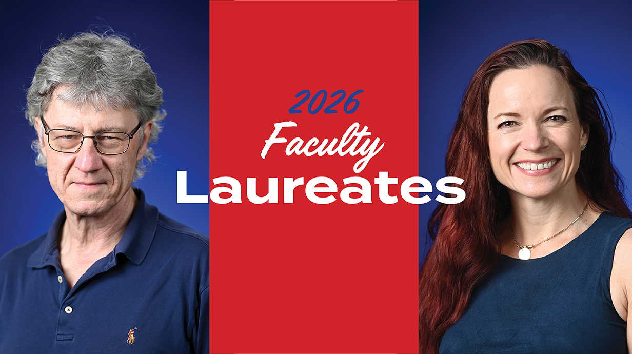 Headshots of a man and a woman separated by a red banner reading '2026 Faculty Laureates.'