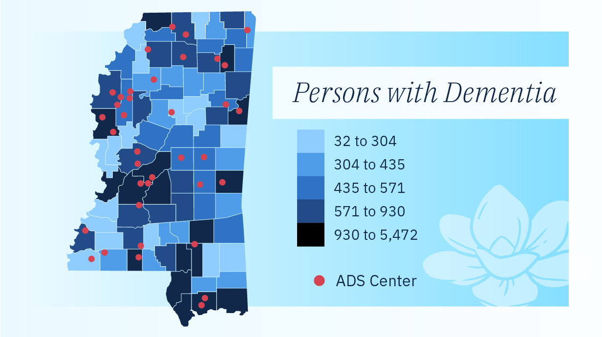 A map of Mississippi includes shading for each county to indicate the  number of dementia patients and red dots in some counties to designated services available.
