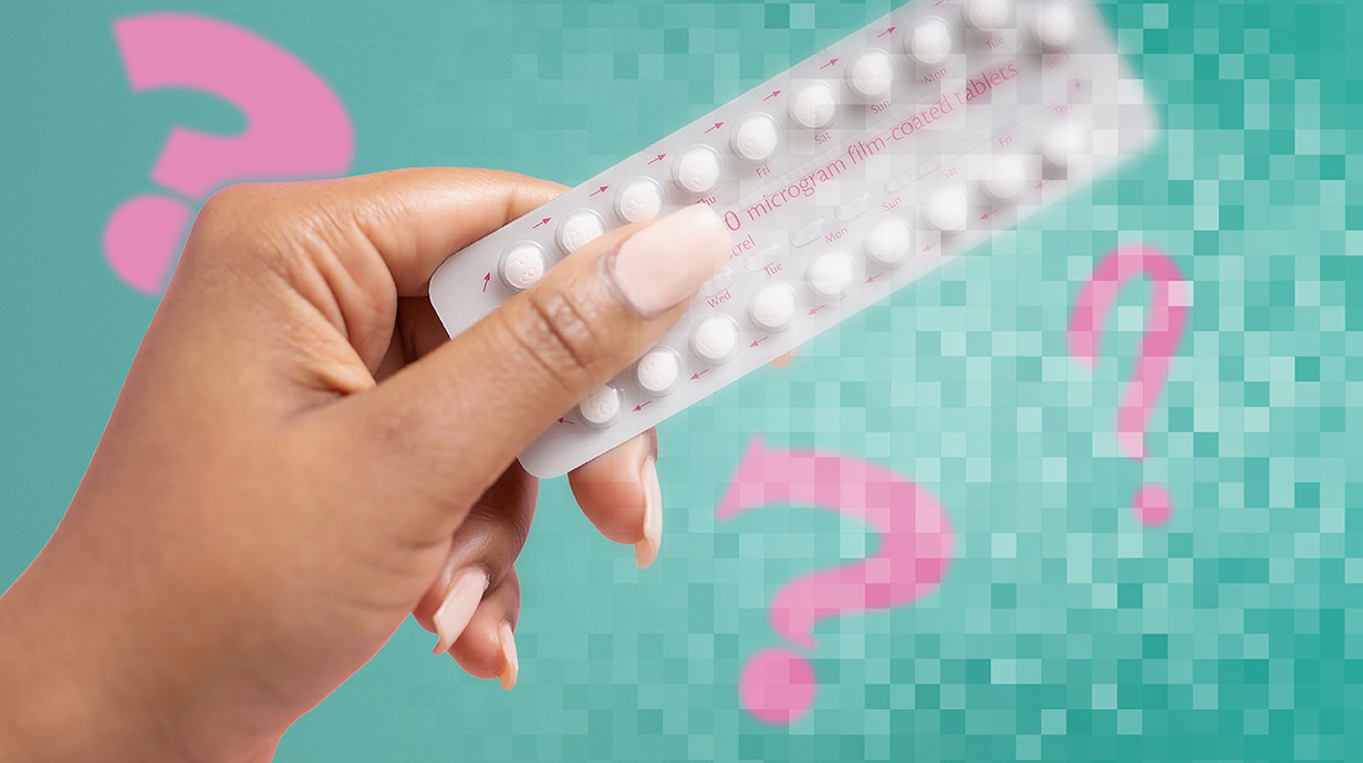 A woman's hand holds a package of birth control pills with colorful question marks superimposed around it.