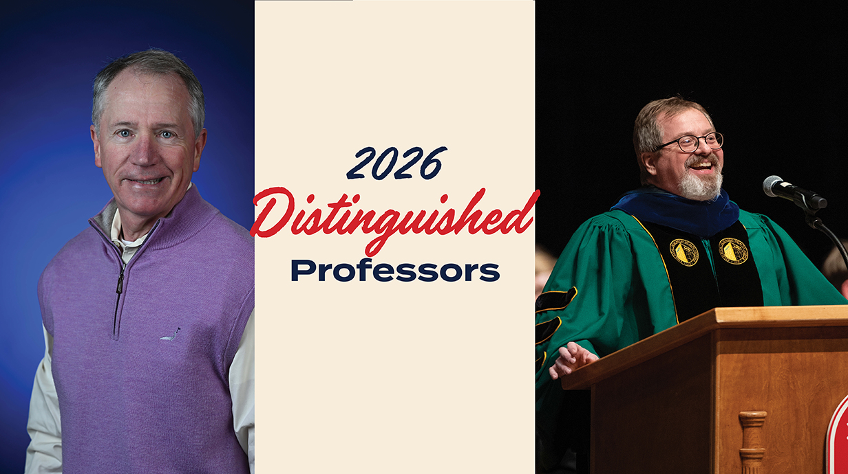 Headshots of two men with a banner between them reading '2026 Distinguished Professors.'