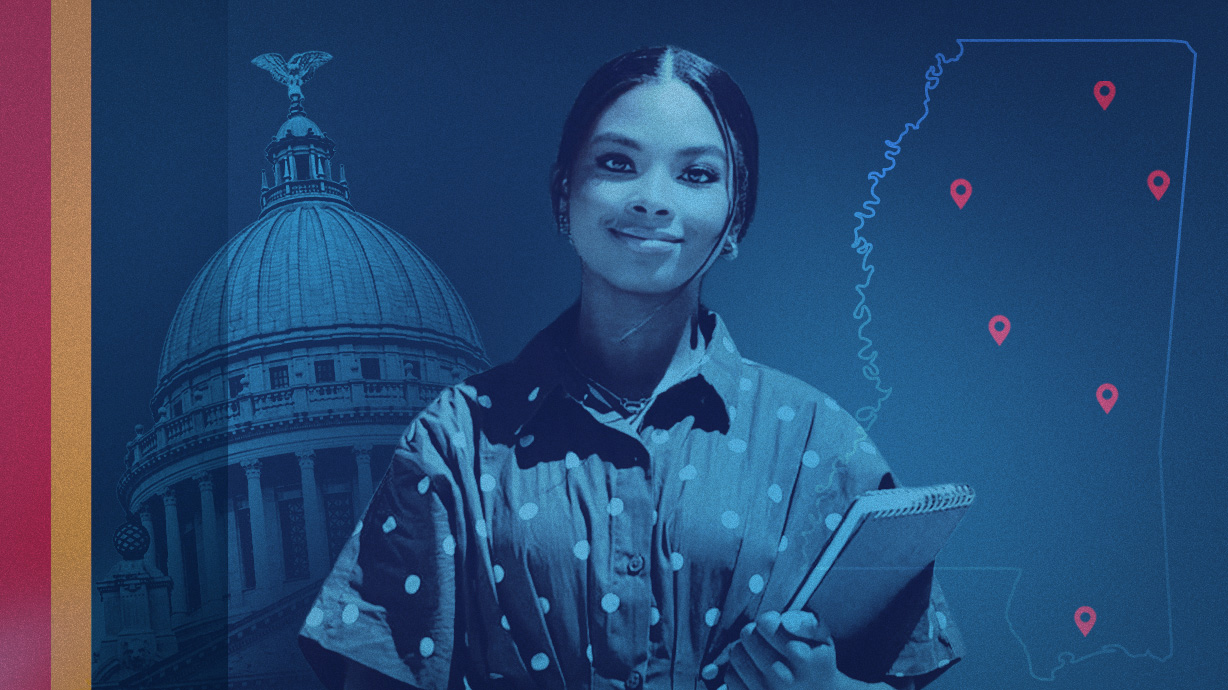 A blue-tinted illustration incorporates photos of a capitol dome, a young woman holding a clipboard and a map of Mississippi with several sites marked in red.