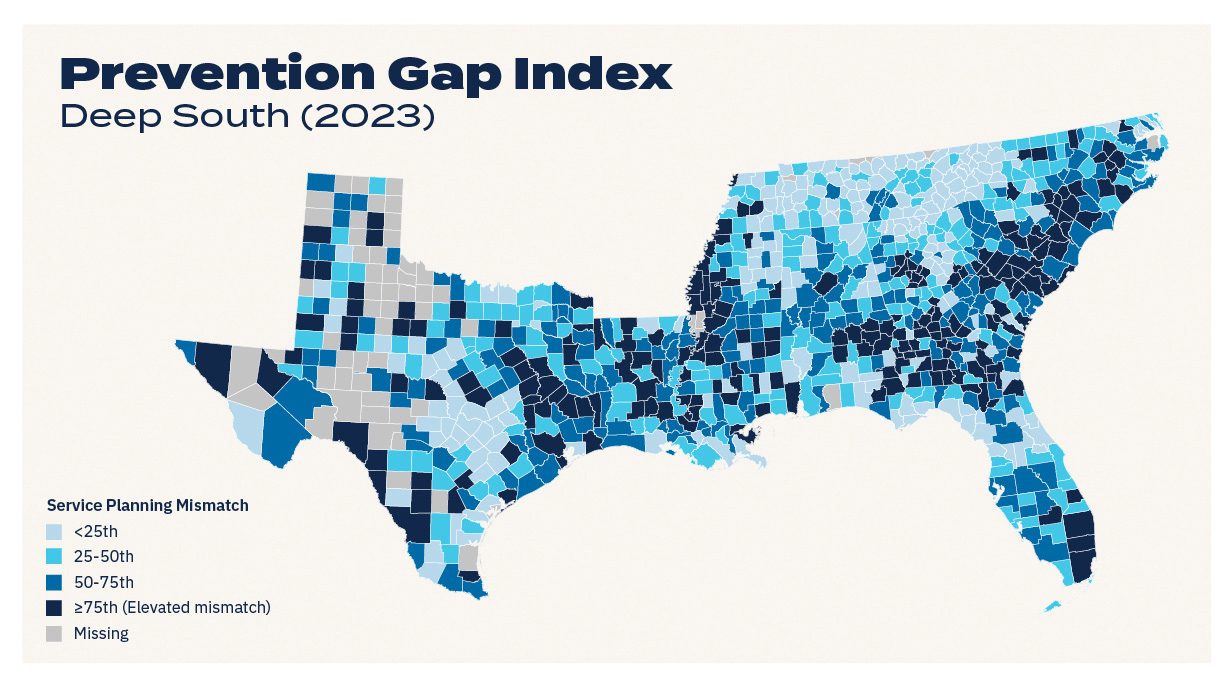 A county map of the Southeastern U.S. uses different shades of blue to show varying levels of HIV prevention services.