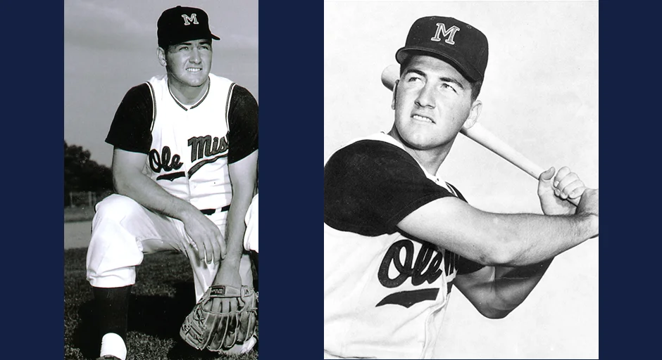 two archival photos; person in baseball uniform kneeling and holding mitt, person in uniform holding a bat 