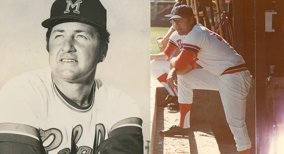two photos; black and white photo of person in baseball uniform looking past camera, second photo in color: coach in dugout watching game