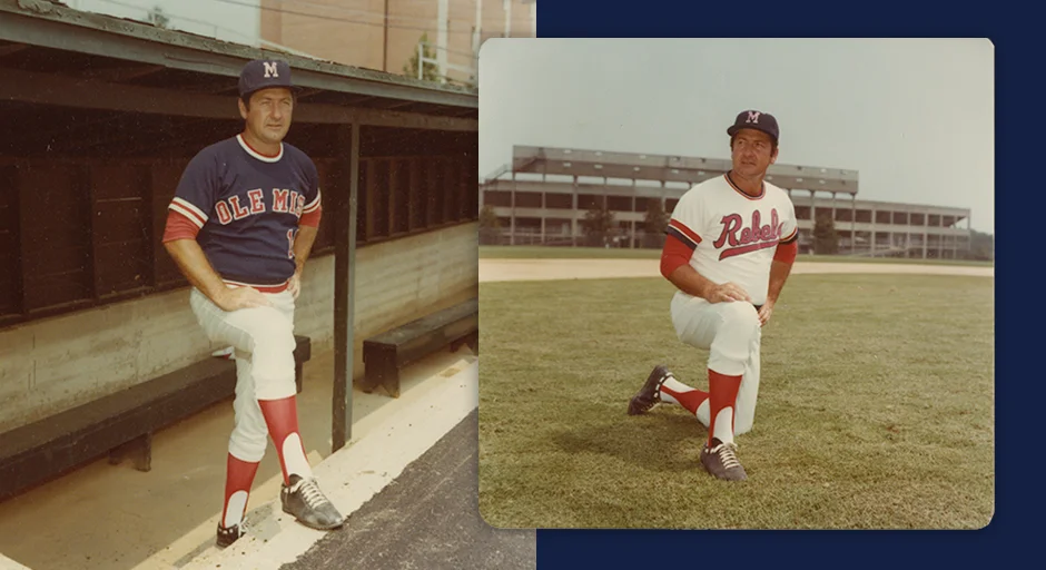 two photos; archival color photos of person in baseball uniform in the dug out