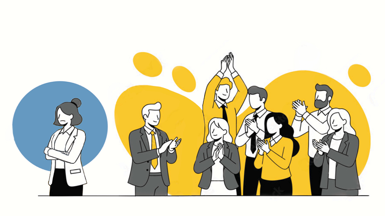 A colorful drawing of several people celebrating while one person stands alone away from the group.