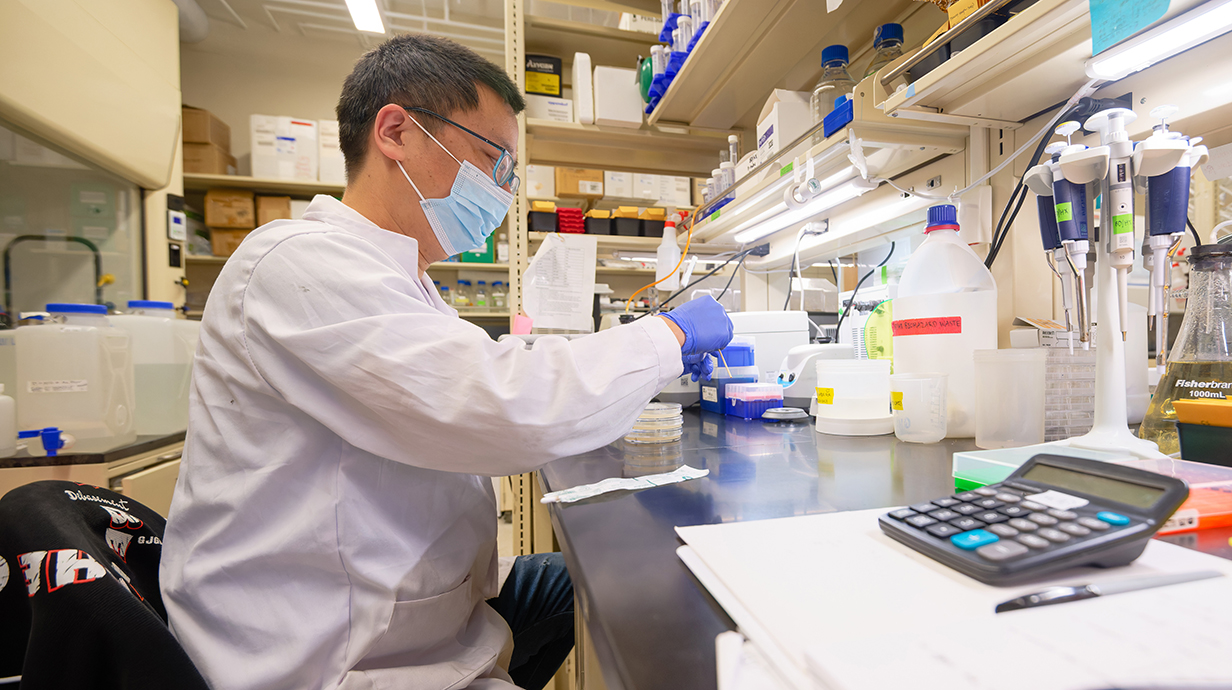A man wearing a white lab coat and safety gear works with a petri dish in a lab.
