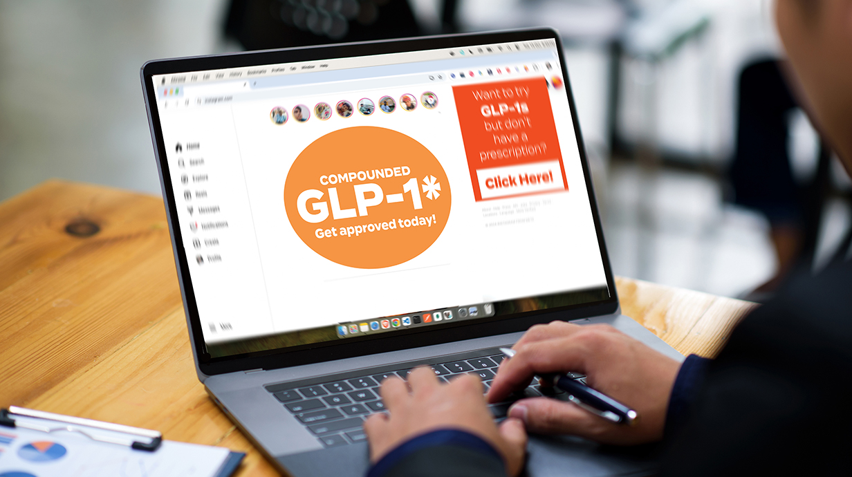 A laptop computer displays an ad for compounded GLP-1 medications.