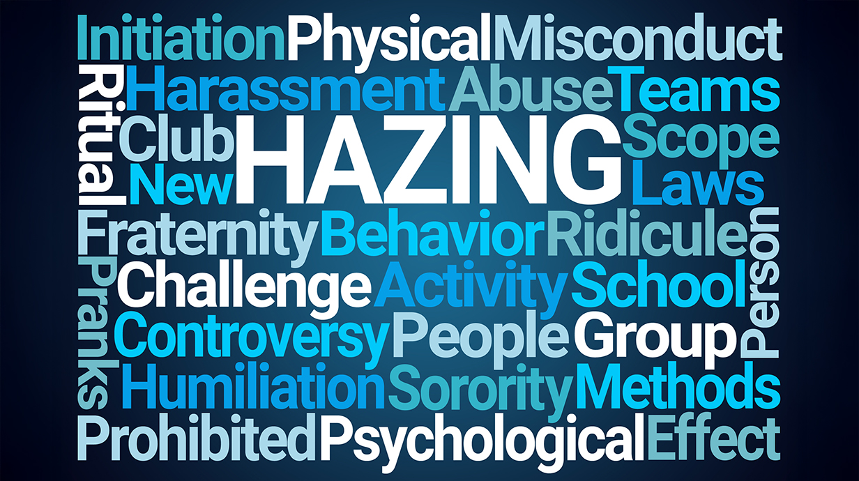 Illustration of a word cloud for terms related to hazing.