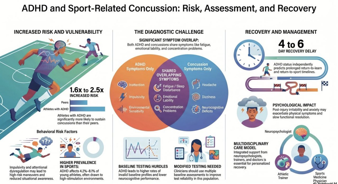 Illustration detailing risk, diagnosis and treatment issues for athletes with ADHD.