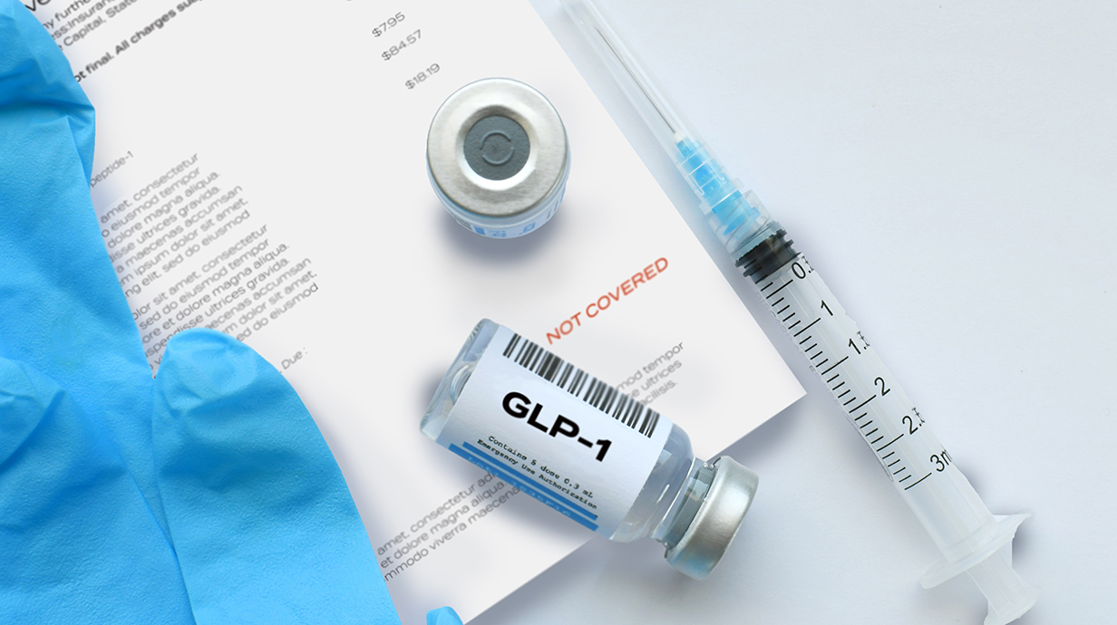 Photo illustration of a syringe, a vial of medication marked 'GLP-1' and financial paperwork stamped with 'Not Covered' in red.