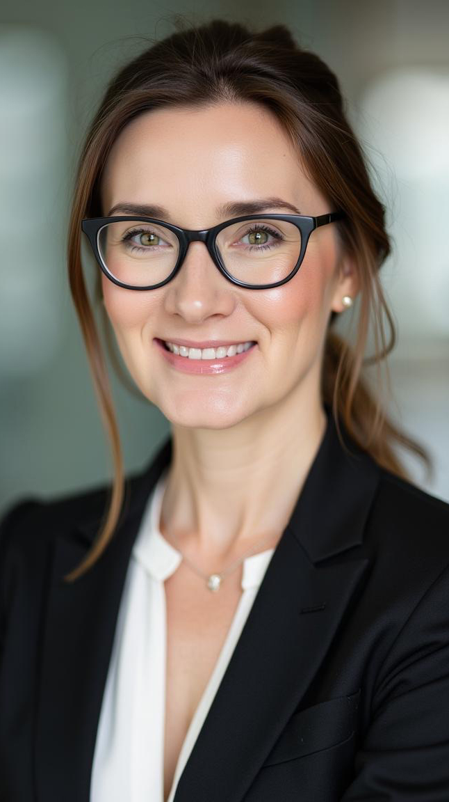 Headshot of a woman wearing a black jacket over a white clouse.