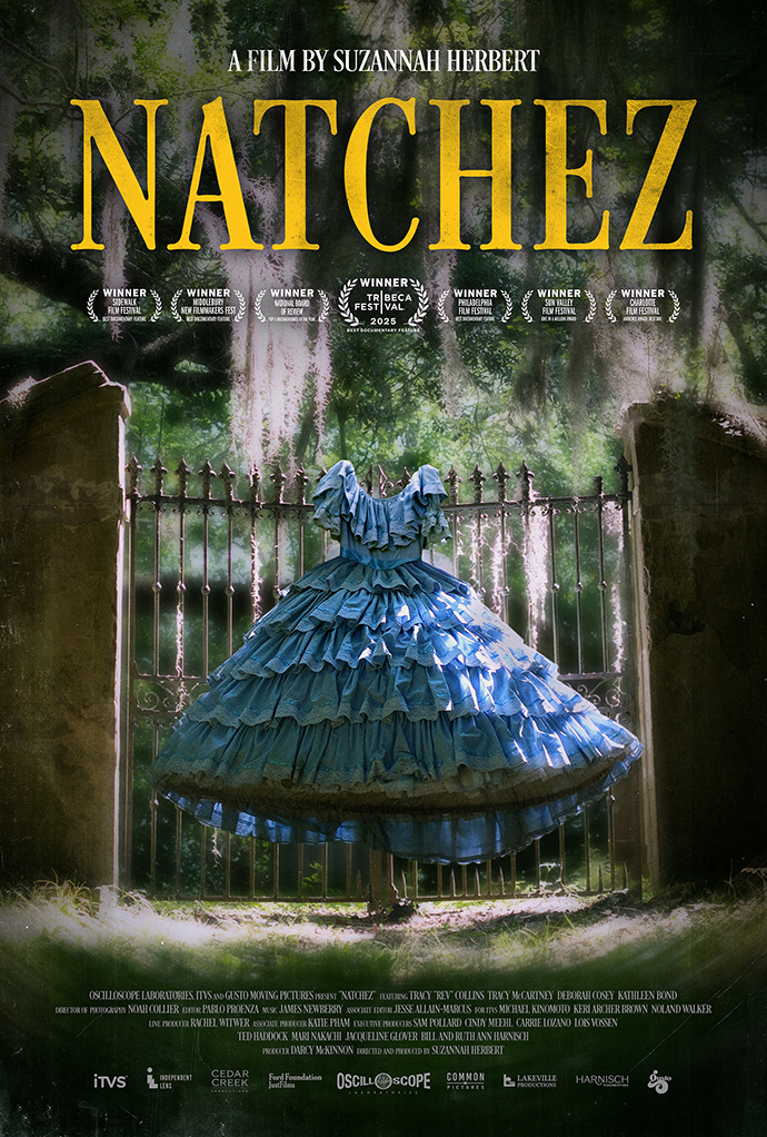 Poster for the film 'Natchez' featuring a blue ball gown in front of an antebellum house.