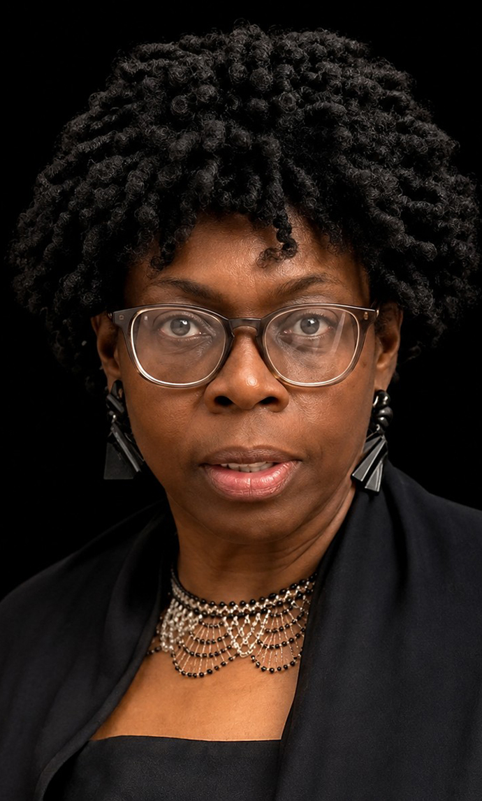 Headshot of a woman wearing a black jacket over a black blouse.