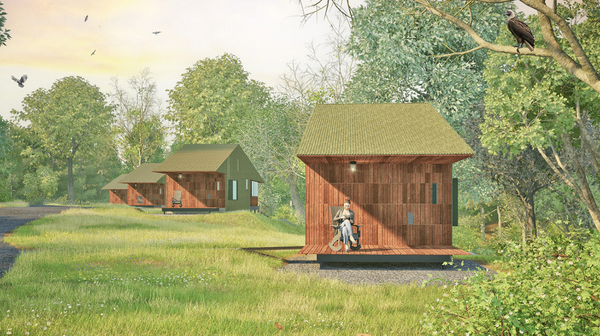 Architectural rendering of four small cottages in a grassy clearing surrounded by trees.