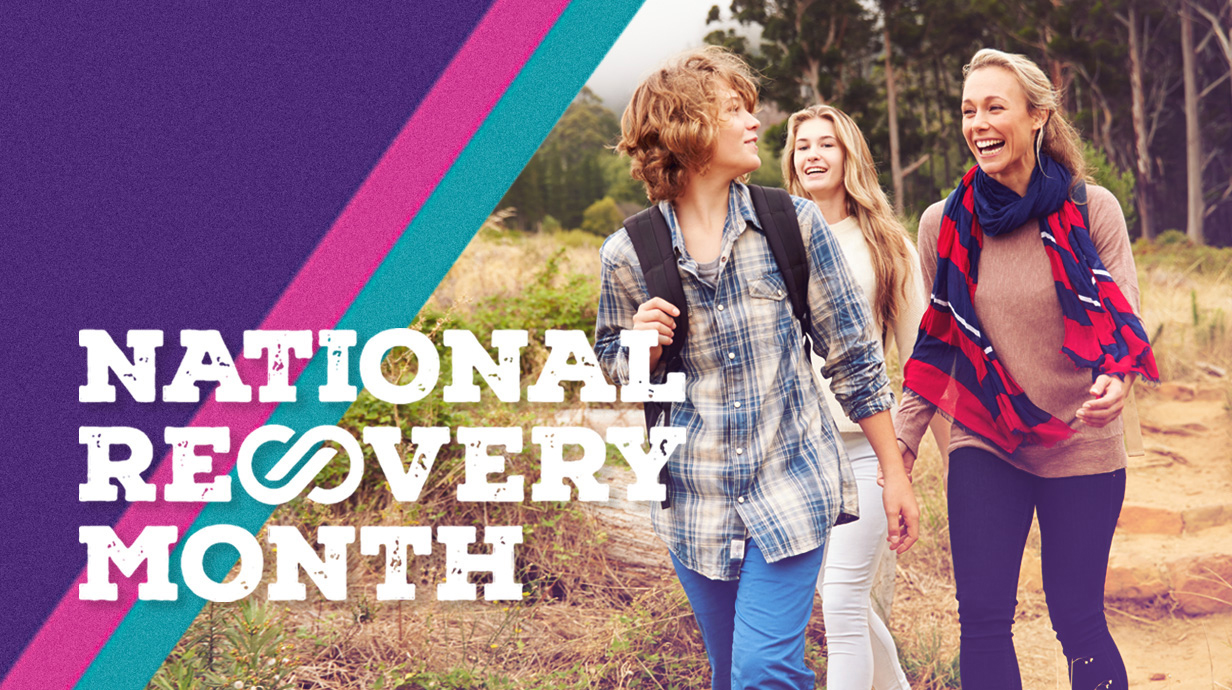 Graphic showing three young people walking in a wooded area with the words 'National Recovery Month' to the left.