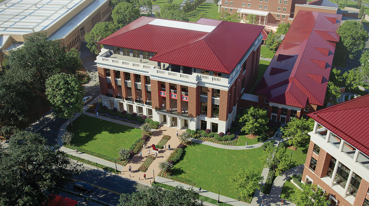 Architectural rendering of a large brick building near several otehr buildings and a wooded area.