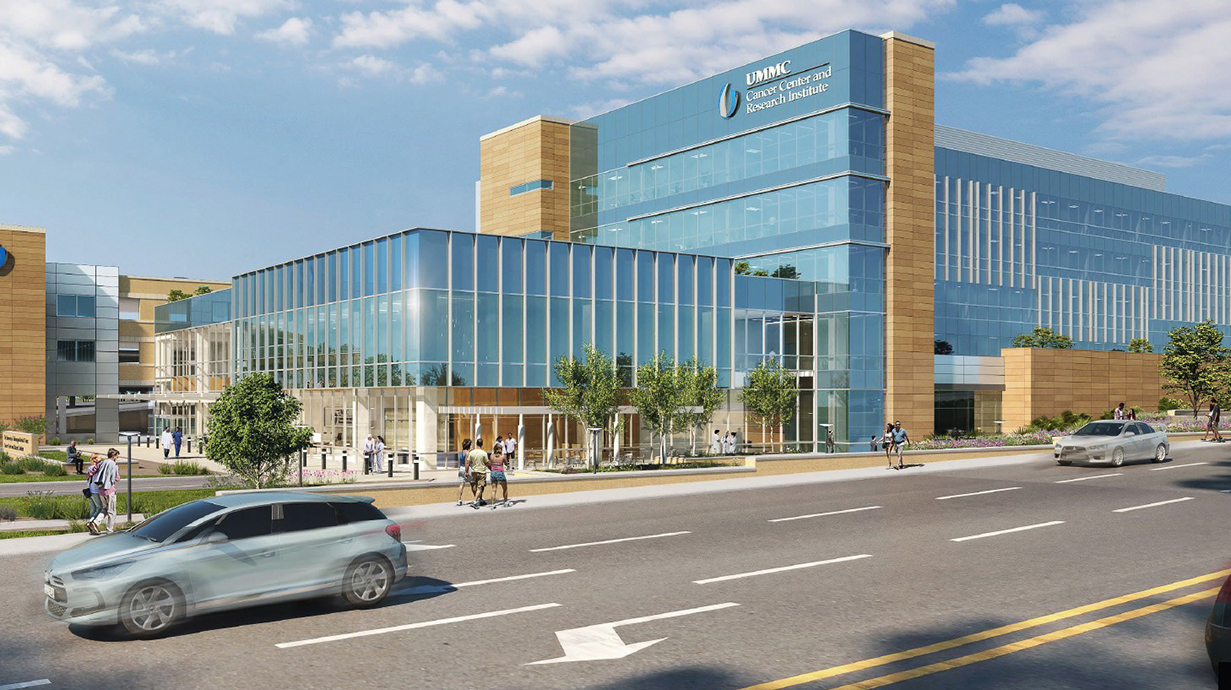 Architectural rendering of a large concrete and glass building on a busy street.